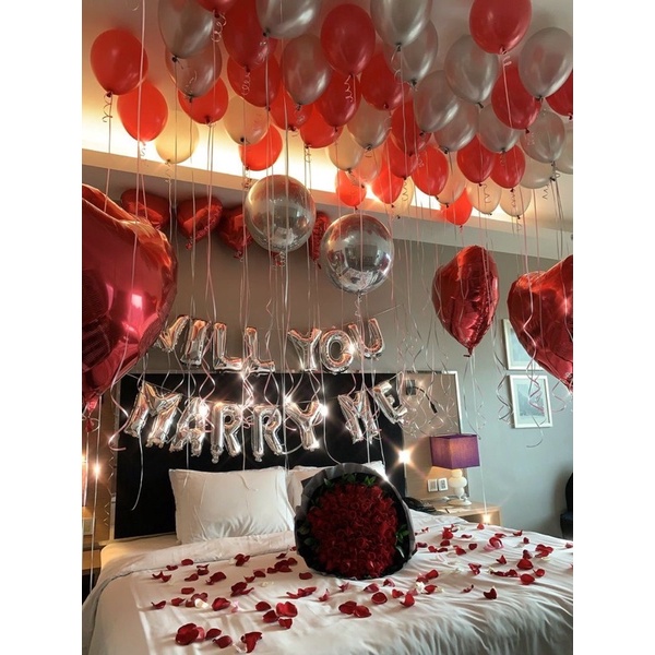 { Tặng Bóng 4D Tráng Nhôm} Combo bóng bay trang trí cầu hôn will you marry me HN99 Tông Bạc Đỏ