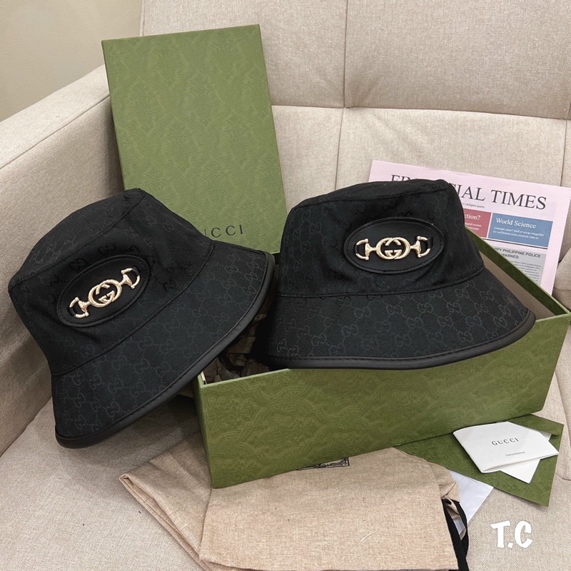 Cặp mũ bucker và lưỡi trai gucci khuy ngang