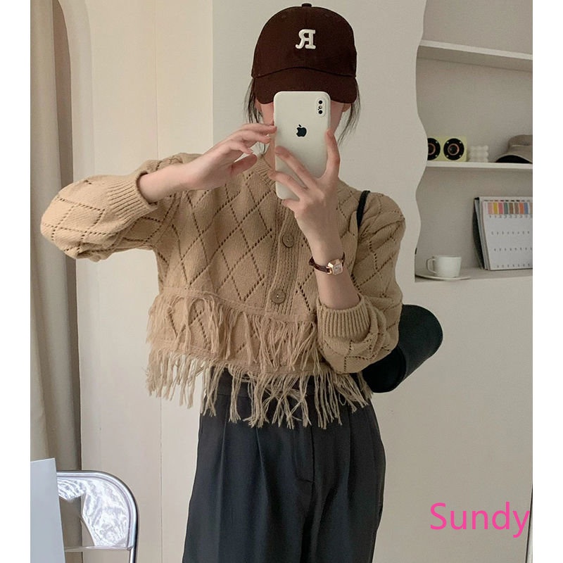 Áo Khoác Cardigan Dệt Kim Họa Tiết Kim Cương Phối Tua Rua Thời Trang Mùa Thu Cho Nữ