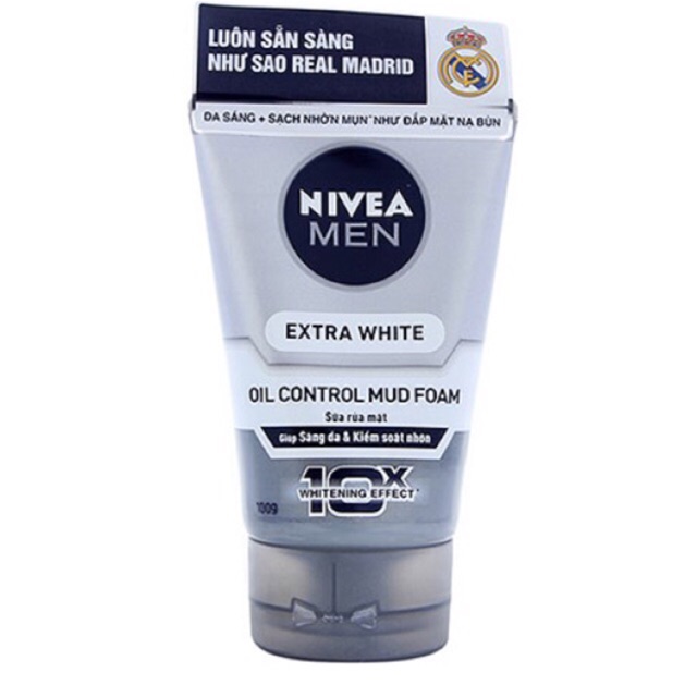 Sữa Rửa Mặt Nam Cho Da Nhờn Nivea Extra White Oil Control Mud Foam - 100g