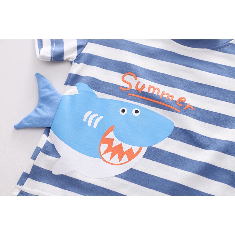 Bộ Áo Thun Ngắn Tay Cổ Tròn Kẻ Sọc + Quần Short Denim In Hình Cá Mập Ba Chiều Thời Trang Mùa Hè Dành Cho Trẻ Size 80-120cm