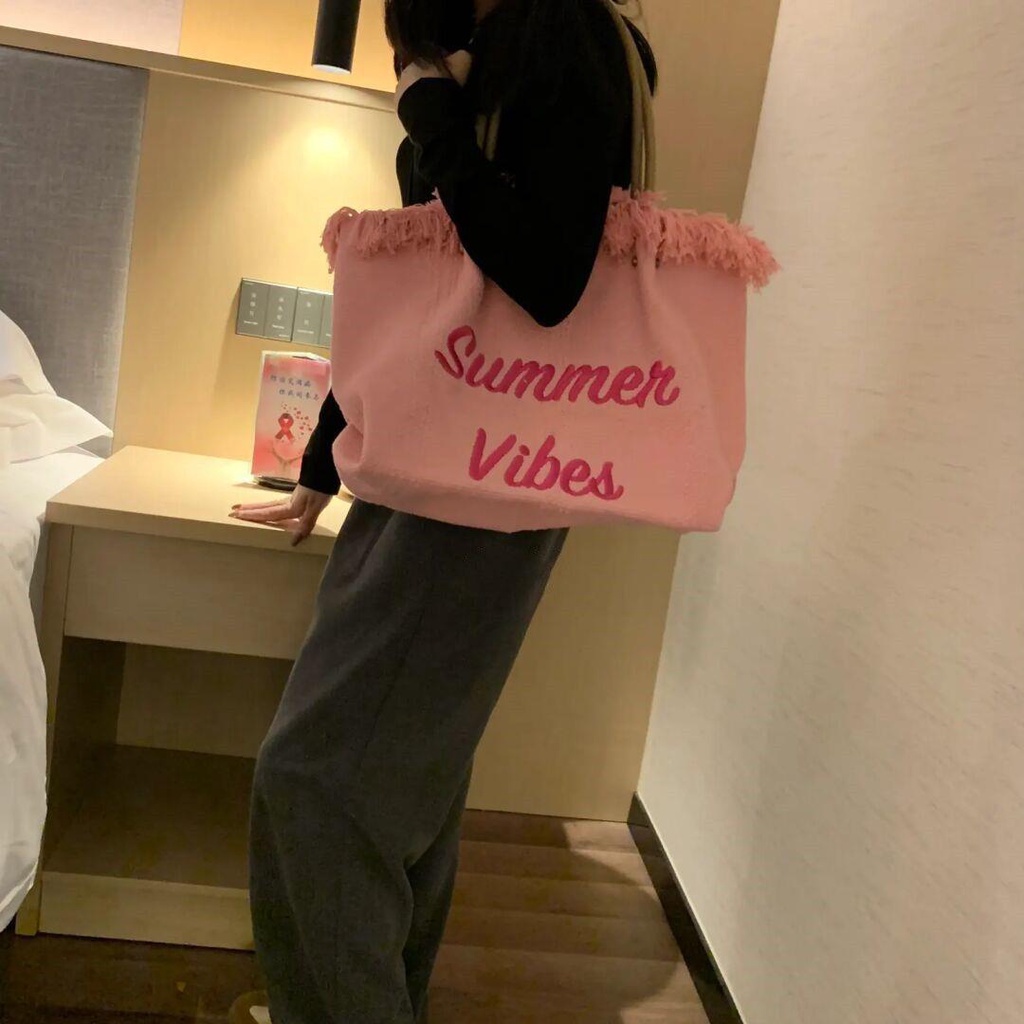 Túi Tote Đeo Vai Vải Canvas Thêu Chữ 2022 Phối Tua Rua Thời Trang Mùa Hè Thông Dụng Cho Nữ