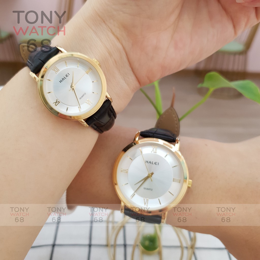 Đồng hồ nam Halei dây da mặt đồng tâm siêu mỏng mạ vàng chống nước chính hãng Tony Watch 68