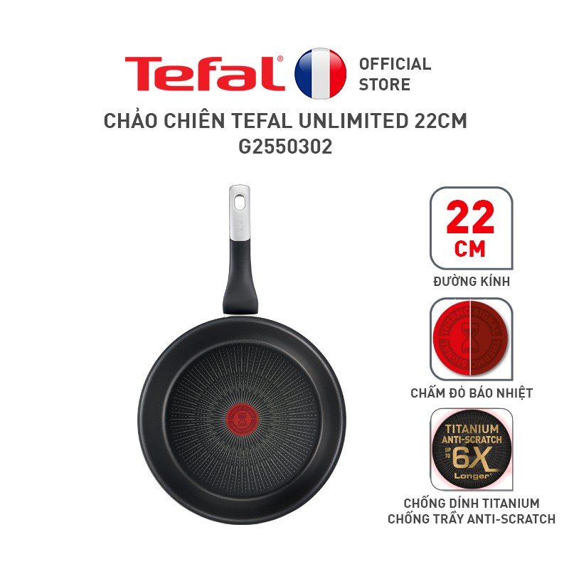 Chảo chiên Tefal Unlimited 22cm G2550302- Sản Xuất Tại Pháp - Hàng Chính Hãng- Phủ Titanium -Báo Nhiệt Thông Minh