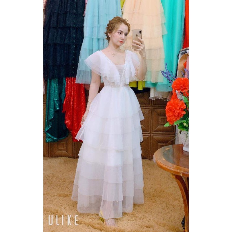 Đầm dư tiêc bèo vai tiểu thư tần maxxi kèm ảnh thât