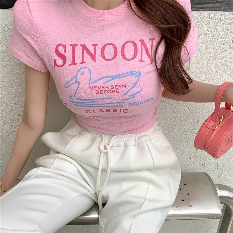 Áo Thun Crop Top Tay Ngắn Dáng Ôm In Họa Tiết Graffiti Đơn Giản Dễ Thương Cho Nữ