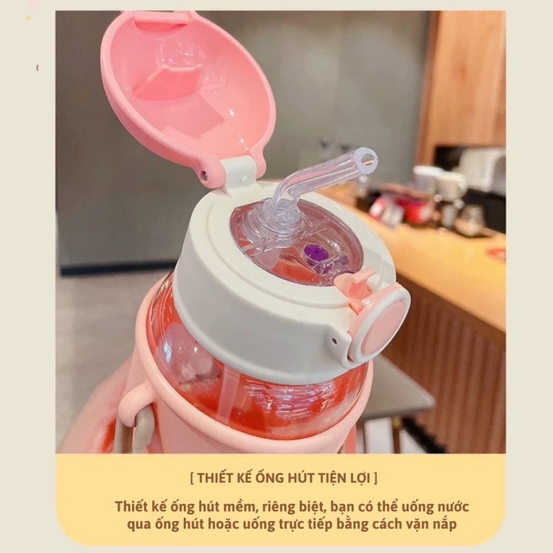 Bình nước kèm dây đeo gấu 620ml gấu siêu cute kèm sticker siêu xinh luôn