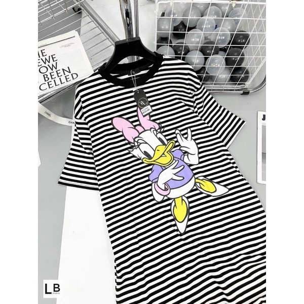 Váy Thun Kẻ In Hình Phom Rộng Dáng Dài Bầu Bí Mặc Thoái Mái