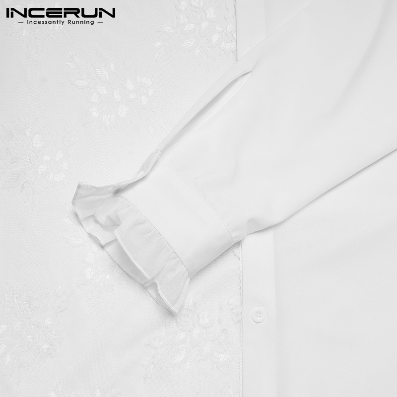 Áo Sơ Mi Incerun Tay Dài Chắp Vải Xuyên Thấu Thêu Họa Tiết Thời Trang Cho Nam