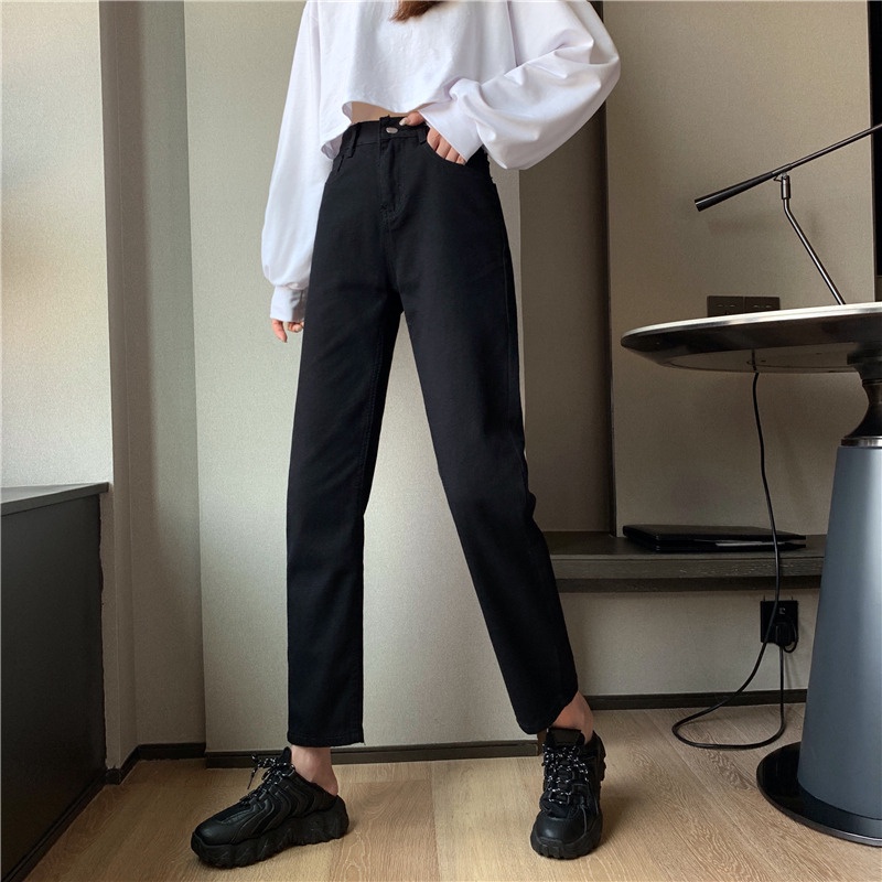 Quần dài jean CERA-Y bigsize baggy dài 95cm cạp cao qua rốn chất vải cotton màu đen trơn / màu đen rách 1 gối QJ001