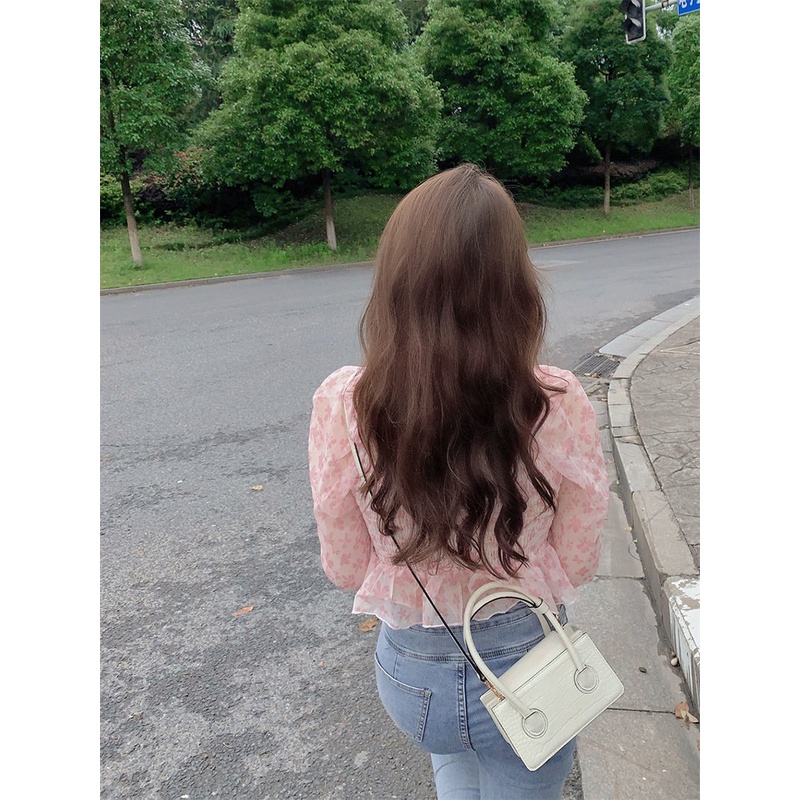 Áo sơ mi chiffon tay dài họa tiết hoa ngọt ngào mới cho nữ