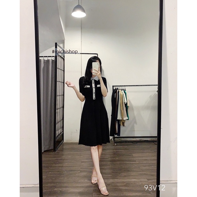 Váy polo len cổ trắng khuy trước màu đen freesize - 93V12