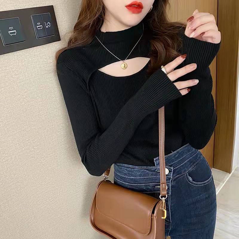 Áo dệt kim RENJIANVSHENG 204152 tay dài cổ cao khoét lỗ thời trang xinh xắn cho nữ