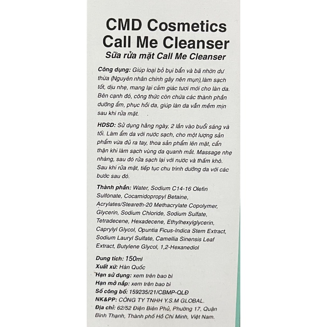 Sữa Rửa Mặt Call Me Cleanser Giảm Mụn Chiết Xuất Xương Rồng Chống Lão Hoá 150ml- CMD Cosmetics - Call Me Duy