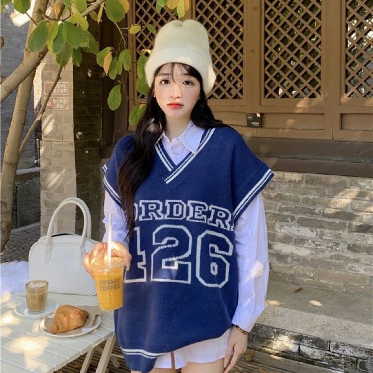 Set Áo Sơ Mi Trắng Tay Dài+Áo Len Không Tay In Chữ Phong Cách Mới
