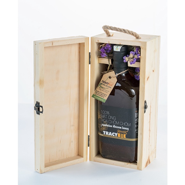Hộp quà gỗ đơn mật ong hoa chôm chôm 600ml