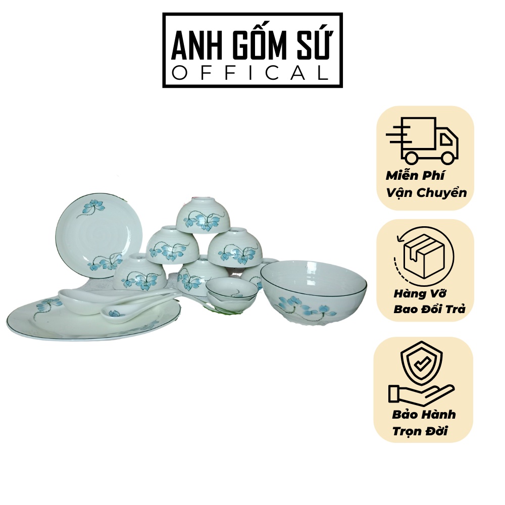 Bộ chén dĩa men kem, bộ bát đĩa sứ Bát Tràng, họa tiết sen xanh cao cấp 13 chi tiết, bán lẽ từng món