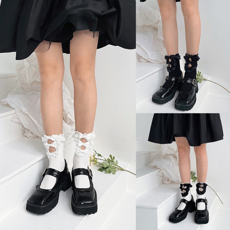 Vớ cotton phối bèo đính nơ phong cách lolita đáng yêu cho nữ