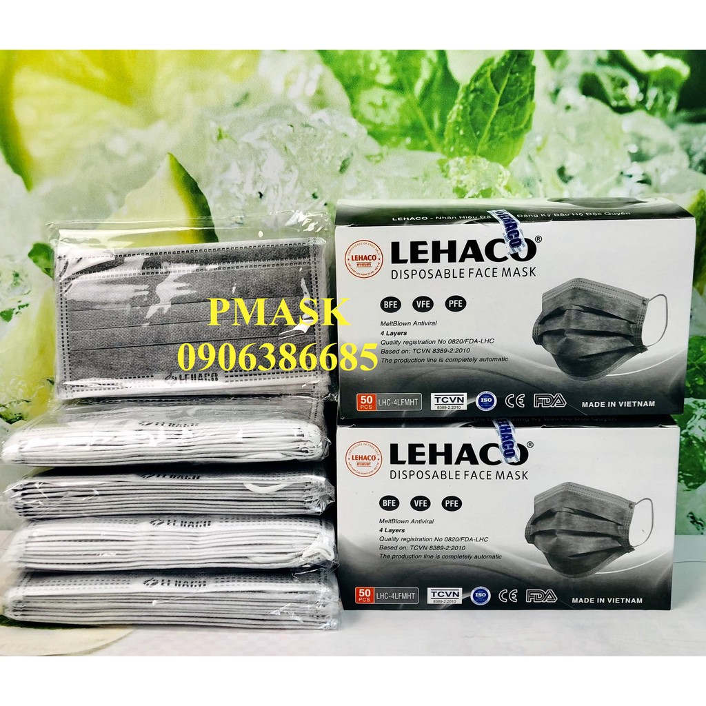 Khẩu trang Lehaco kháng khuẩn màu Xám 4 lớp 50 cái hộp