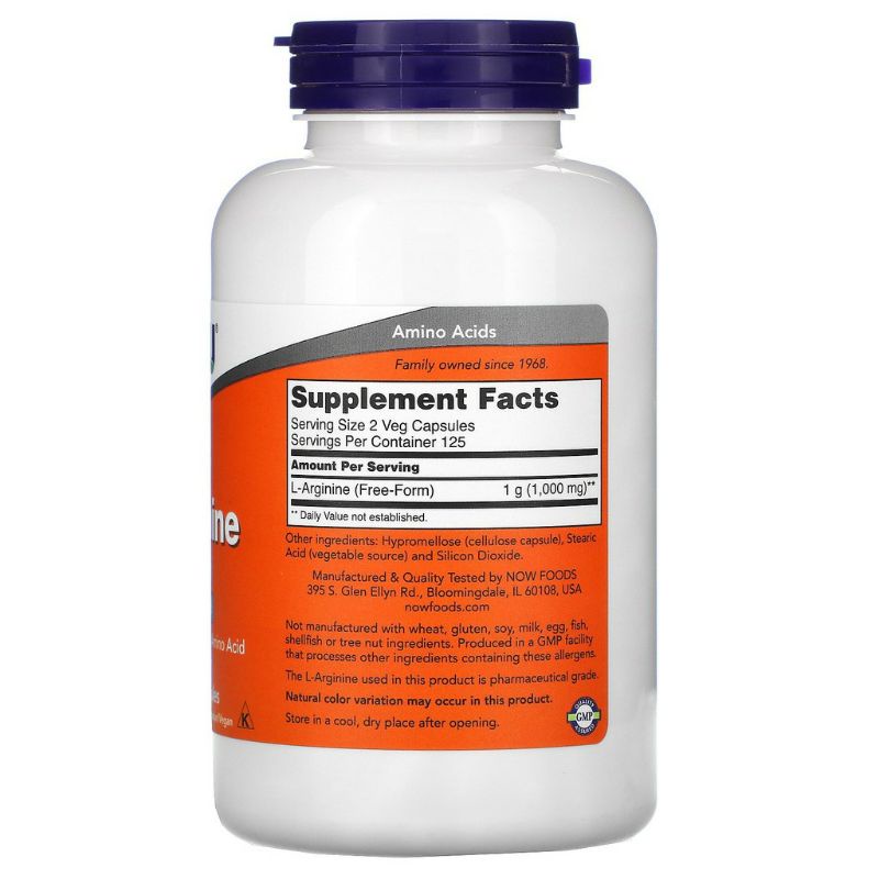 Viên uống Now L- Arginine 500mg Bổ sung Axit Amin Hỗ trợ chức năng gan, tăng cường lưu lượng máu 250 Viên