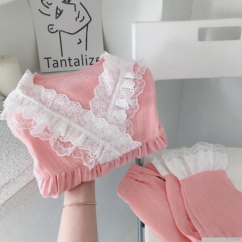 Bộ đồ ngủ áo tay phồng cổ chữ V phối ren + quần dài thời trang cho bé gái