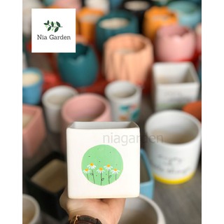 Chậu đất nung vẽ trồng cây cảnh, trụ vuông