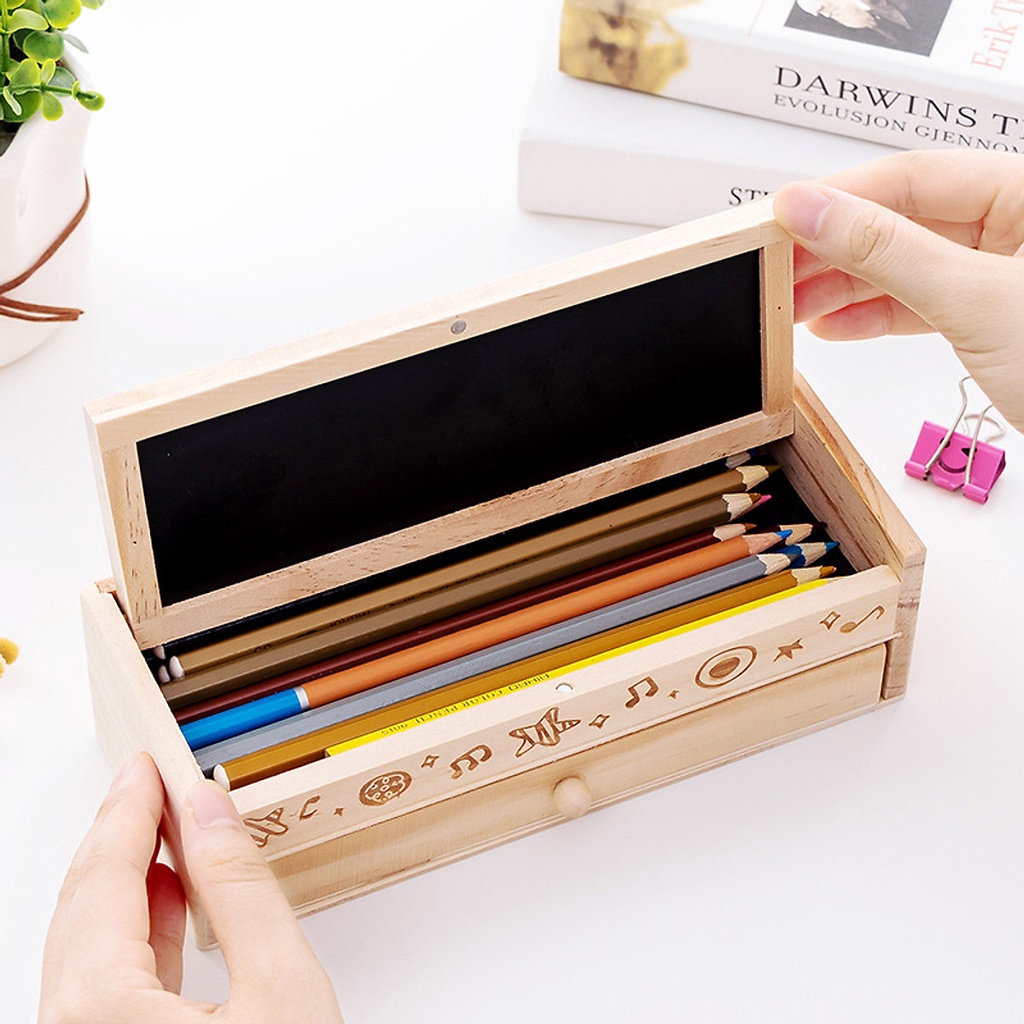 Hộp Bút Gỗ Để Bàn Dành Tiện Dụng Kèm Bảng Viết 2 Tầng Đựng Đồ Dùng Học Sinh Tiện Lợi