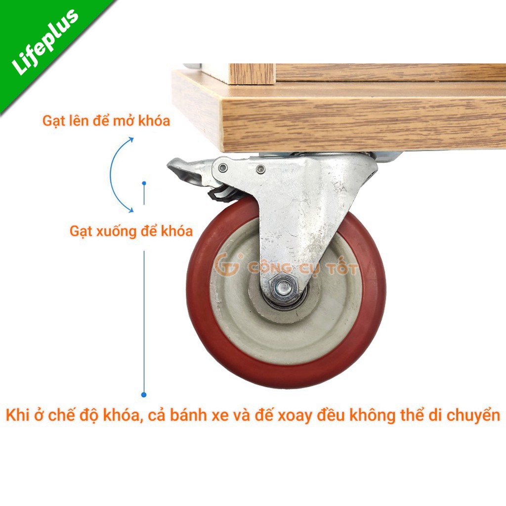 Bộ 4 bánh xe đẩy hàng tổng tải 260kg xoay 360 độ lốp nhựa đỏ mận hãm sau Φ120mm