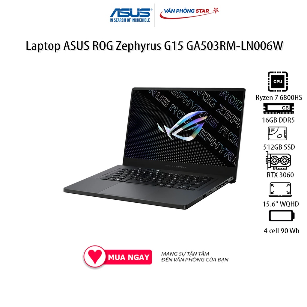 Laptop ASUS ROG Zephyrus G15 GA503RM-LN006W (15.6&quot; WQHD/ 240Hz/AMD Ryzen 7 6800HS/16GB/512GB SSD/NVIDIA GeForce RTX 3060