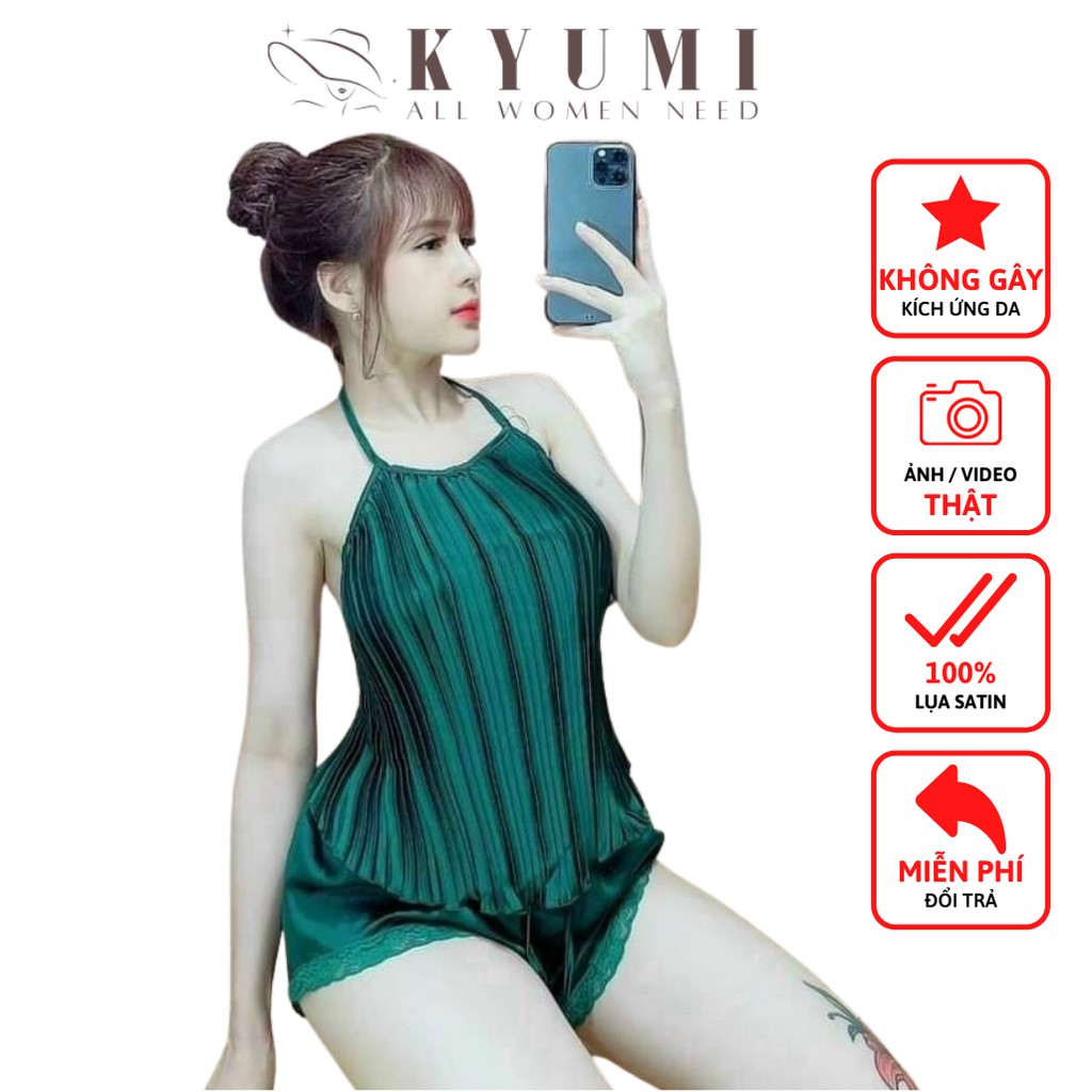 Đồ ngủ sexy yếm dập ly KYUMI Official, chất liệu lụa satin, freesize 40-65kg tùy chiều cao, kèm quần ren gợi cảm 001