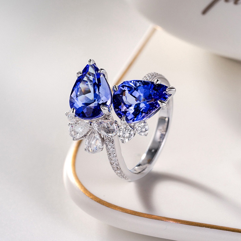Nhẫn dạng hở hình giọt nước kim cương nhân tạo màu xanh dương khảm đá sapphire thanh lịch cho nữ
