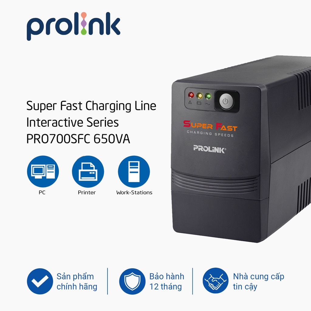 [Chính hãng] Bộ lưu điện UPS Prolink PRO700SFC (650VA) - Ắc quy dự phòng tích hợp AVR, sạc siêu nhanh, Công suất 360W