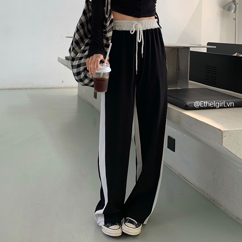 Quần dài ống rộng lưng cao phong cách thể thao hợp thời trang cho nữ