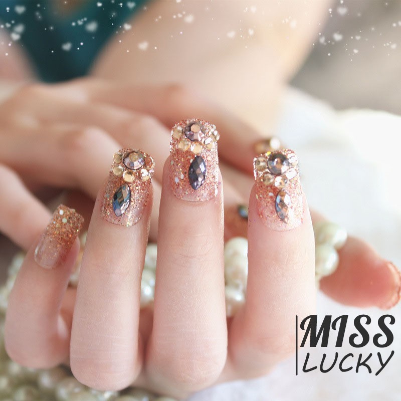 Set 24 móng tay giả đính đá nhân tạo vàng kim lấp lánh thời trang cho nữ