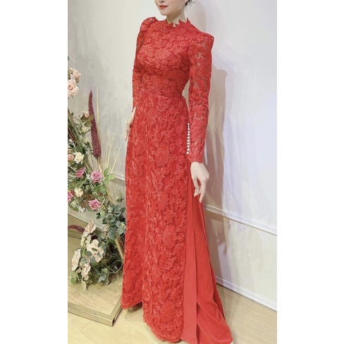 Áo dài  cưới cô dâu 4 tà ren xốp có đính kết như hình