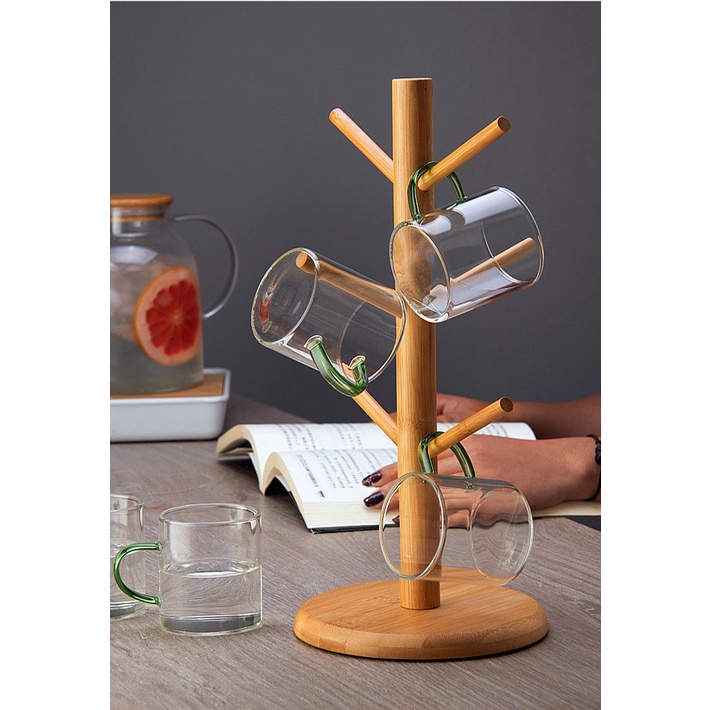 Giá treo ly,cốc bằng gỗ để bàn có đế tròn thiết kế hình cây