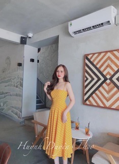 Đầm chấm bi hở lưng đan dây [Ảnh thật