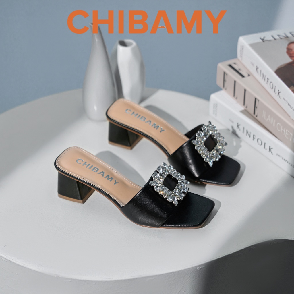 Guốc cao gót nữ đính đá CHIBAMY cao 5cm gót vuông chất da mềm mã GU01
