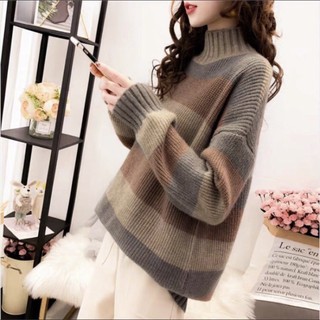 Áo len sọc phối màu cổ lọ