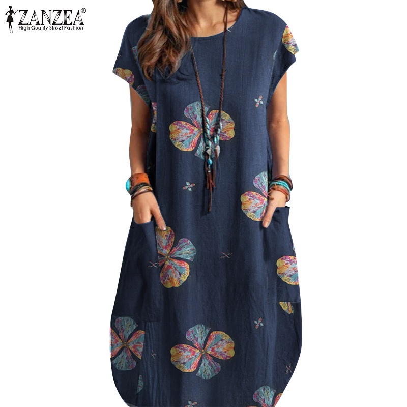 Đầm chữ A Zanzea tay ngắn cổ tròn in họa tiết hoa phong cách Bohemian thời trang cho nữ