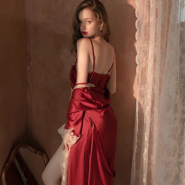 Sét 3 món bộ ngủ kèm choàng lụa sexy cao cấp bộ hai dây quần cộc  mặc  nhà siêu quyến rũ