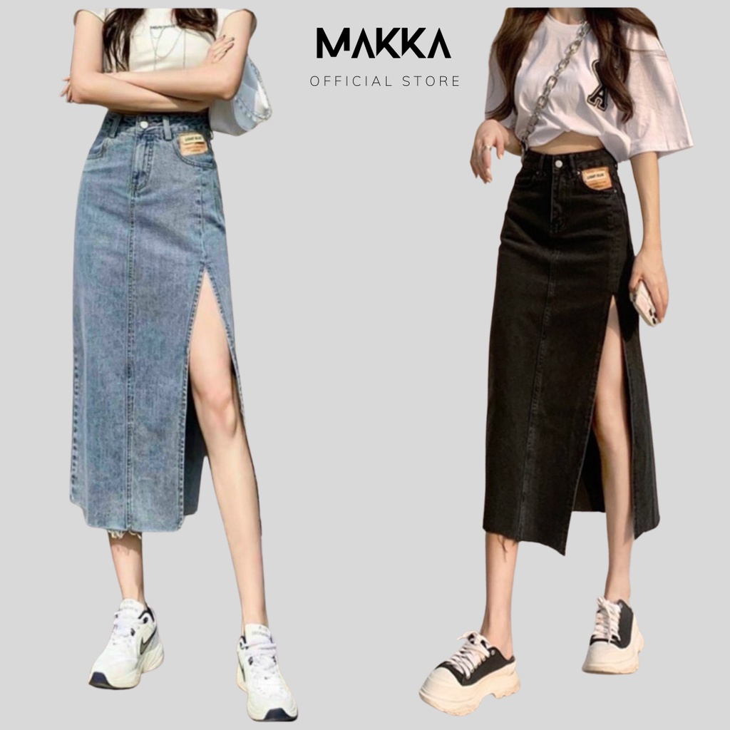 Chân váy jean xẻ đùi MAKKA chân váy bò xẻ tà dáng dài cạp cao phong cách Ulzzang 564
