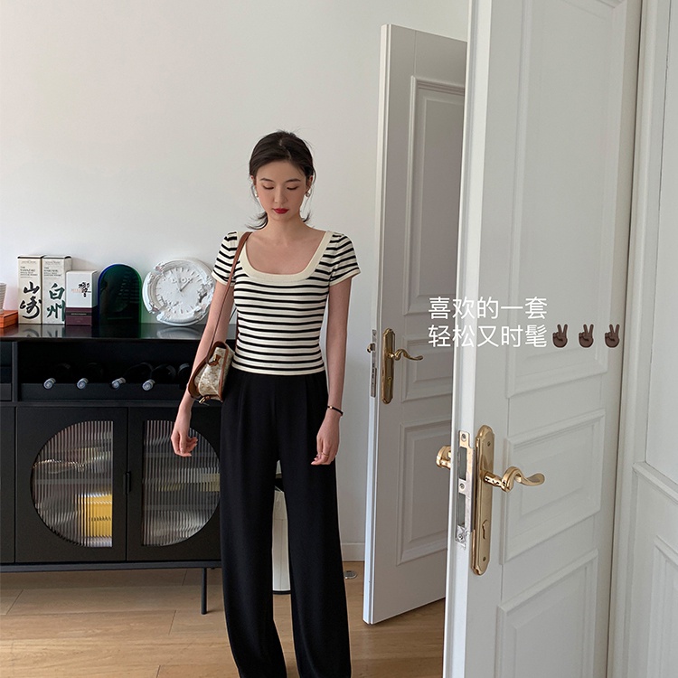 SUXI Áo Dệt Kim Tay Ngắn Cổ Vuông Dáng Rộng Họa Tiết Kẻ Sọc Thời Trang Mùa Hè Xinh Xắn Cho Nữ