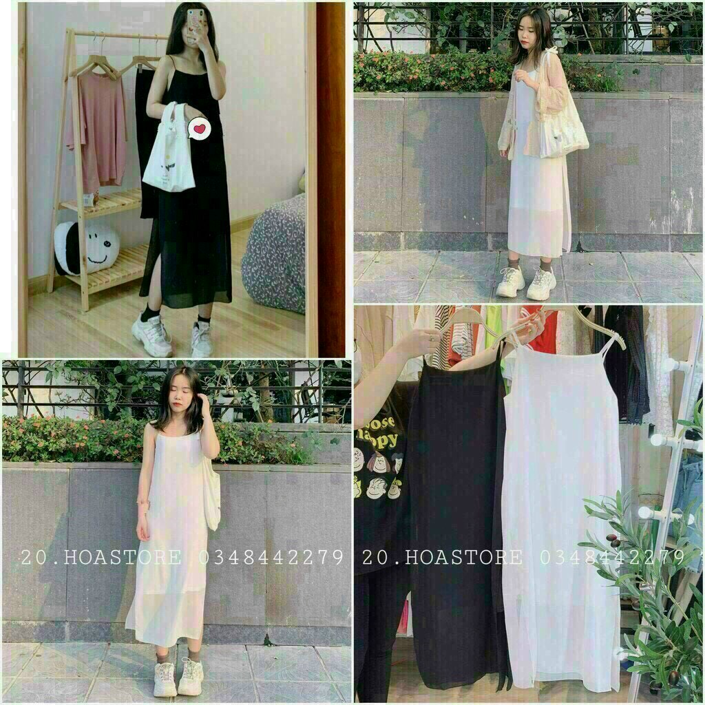 [9.9  Sales Freeship] Đầm voan basic trơn màu 2 dây xẻ tà, đầm maxi cổ vuông dáng dài qua gối đơn giản xinh xắn