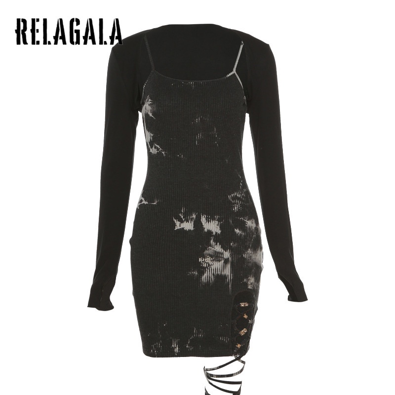 Relagala Women's 2022 Fashion Tie Dye Sling Long Sleeve Dress