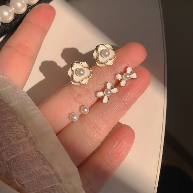 Set 6 Khuyên Tai Đính Ngọc Trai/Nơ/Hoa Trà Siêu Nữ Tính Hợp Thời Trang