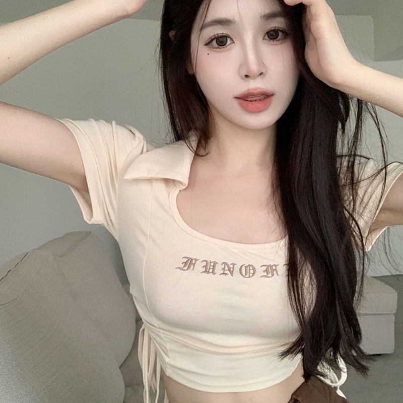 Áo Thun Crop Top Tay Ngắn Dáng Ôm Thêu Chữ Phối Dây Rút Thời Trang Mùa Hè Cho Nữ