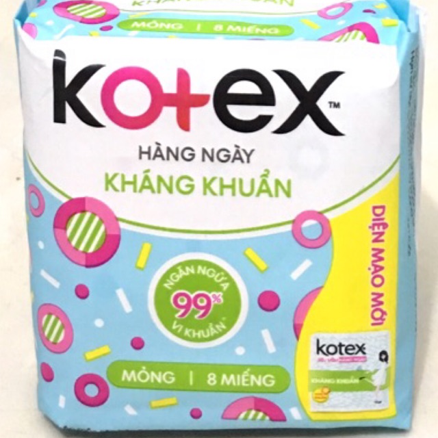 Băng vệ sinh hằng ngày Kotex kháng khuẩn không cánh 8 miếng