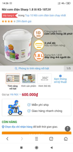 (GIÁ HỦY DIỆT) Nồi cơm điện sharp 1,8 lít mã KS-18TJV Điện Máy Xanh | BigBuy360 - bigbuy360.vn