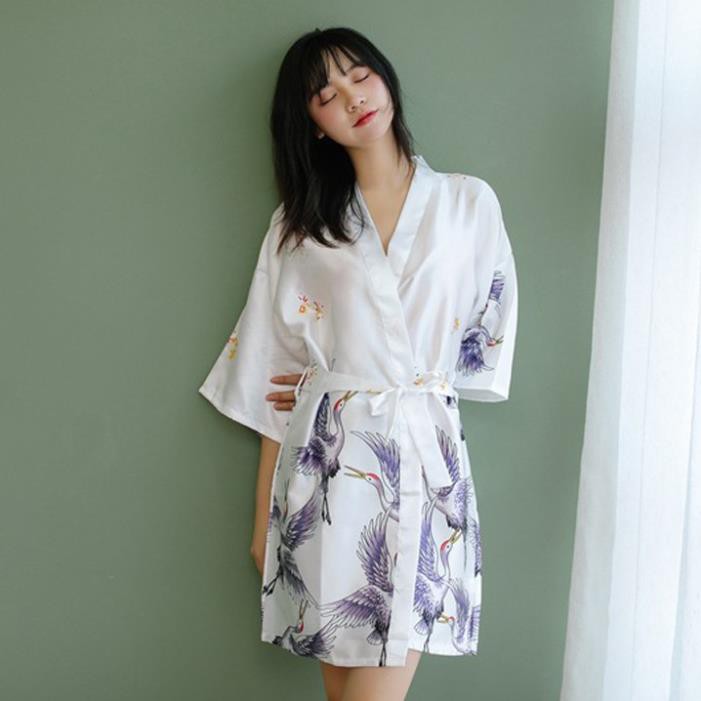 Áo choàng ngủ lụa cao cấp kiểu kimono in hình chim hạt sang trọng Thư Thư [HÀNG CAO CẤP] | BigBuy360 - bigbuy360.vn
